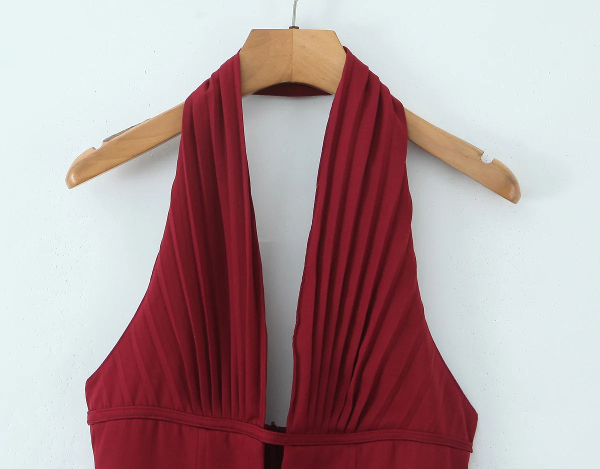 2025 Sexy Dark Red Pleated Ruched Halter Dress Women Deep V neck Slim Low Waist Swing Ball Gown Short Dresses Robe Vestidos
