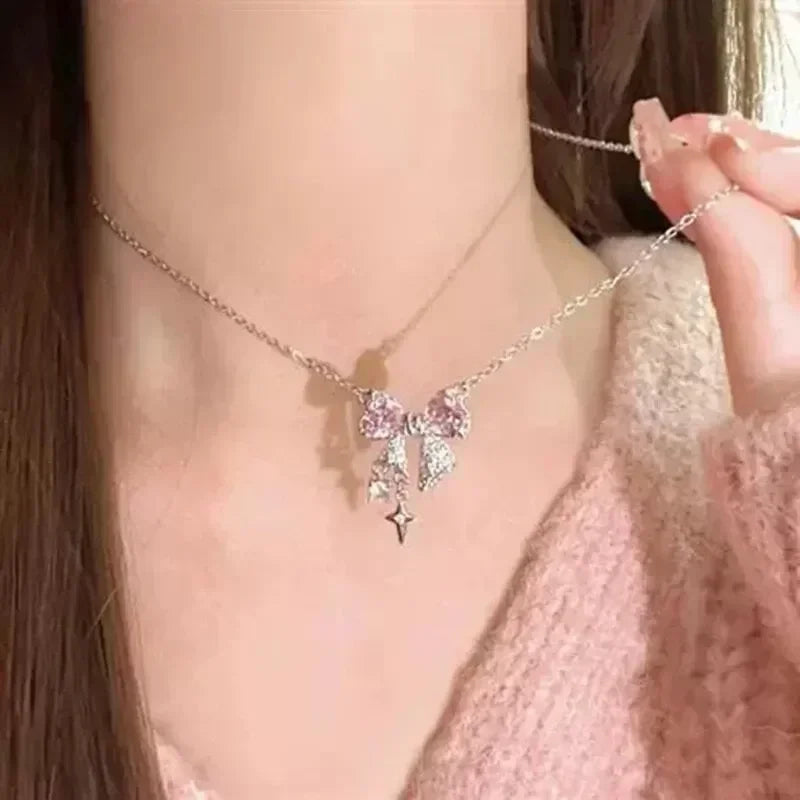 2pcs Set Fashion Bowknot Necklace Rings Set Crystal Bow Knot Pendant Necklaces Adjustable Bow Rings Fairy Shiny Pink Jewelry