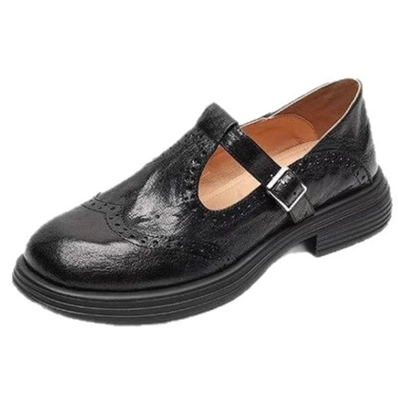 Women's Shoes T Strap Casual Vintage Lambskin Openwork Flower Flat Heel Loafers Women New Shoes Round Head  Leisure Daily Shoe