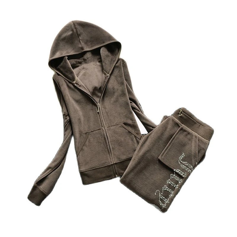 2 Pieces of Women's Outfit 2025 Fall Winter Women's Tracksuit Crystal Hoodies and Pant Sets Y2K Velvet Tracksuit