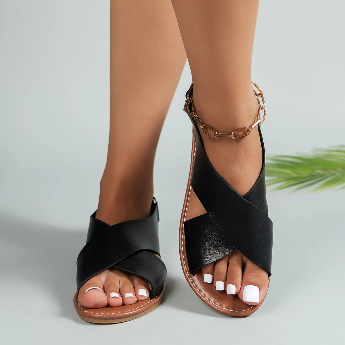 Women's Flat Sandals Lightweight Pu Leather Casual Sandals Summer Peep Toe Beach Sandals for Women Roman Sandal Sandalias Mujer