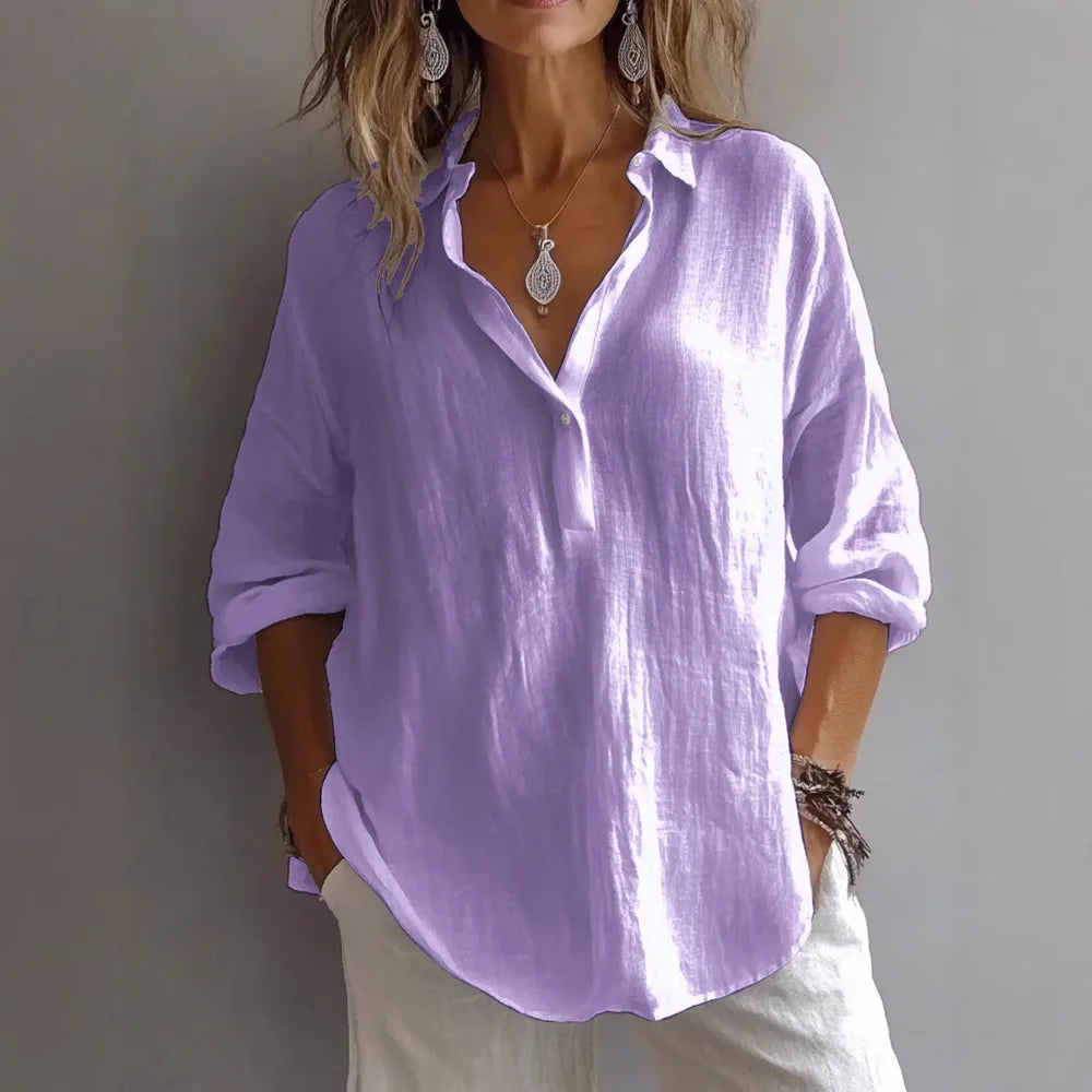 Women Cotton Linen Blouse Long Sleeve Turn Down Collar Solid Color Casual Loose Shirt Summer Breathable Office Lady Tops
