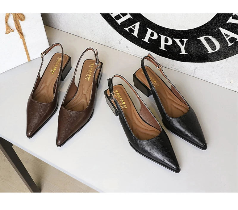 Simple And High-End Women's Shoes With Thick Heels Shallow Mouth Pointed Toe Slim Pedicures With Empty Back Tripping Mid-Heeled