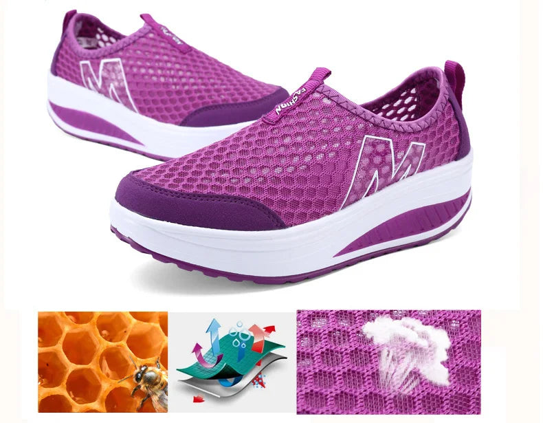 Women Mesh Flat Shoes Sneakers Women Swing Wedge Hollowed Out Slip-on Shoes Women Platform Breathable Lightweigt Vulcanization