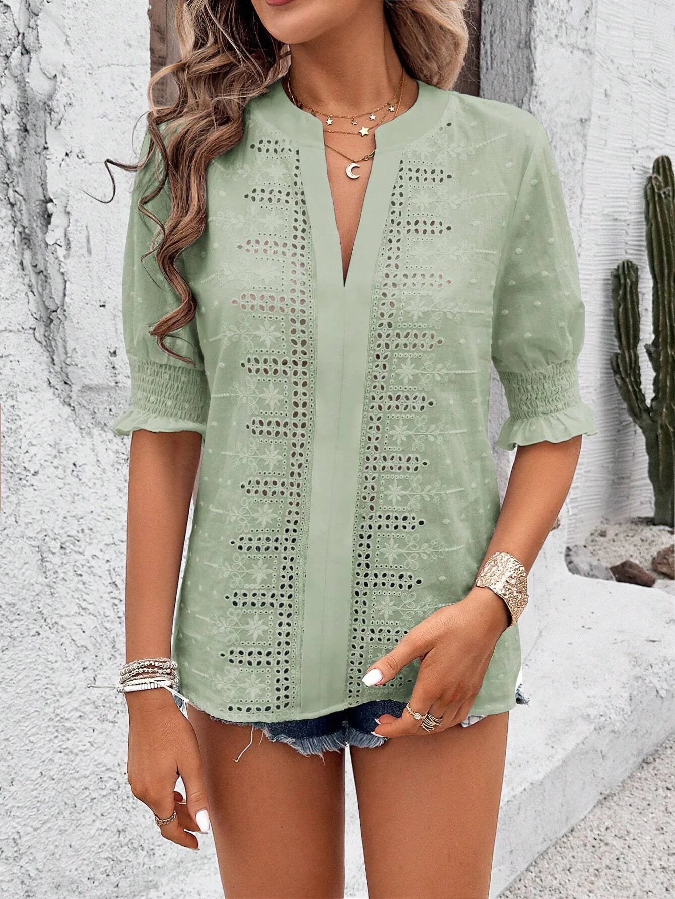 Women's Blouse Floral Embroidery Lace Summer Casual Solid Color Swiss Dot Eyelets V-neck Puff Shirred Half Sleeve T-shirt Tops