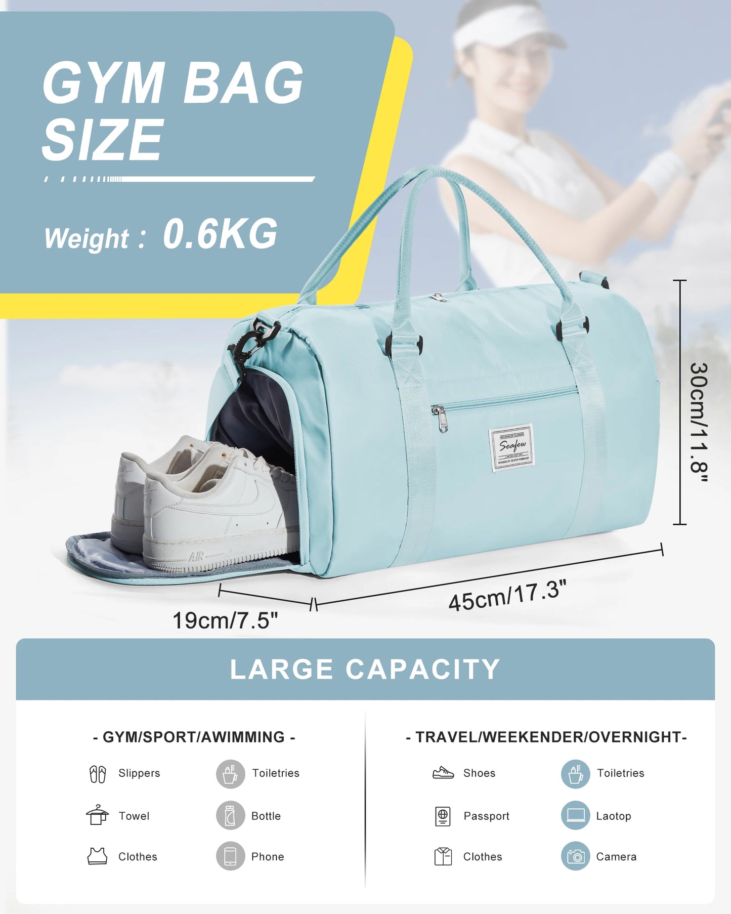 Hand Pockets Lady Weekender Bag Travel Canvas Bag, Weekend Nightlife Bag, Women Men Sports Fitness Bag，Hospital Delivery Bag