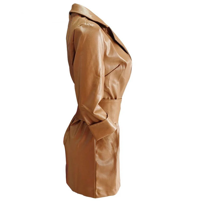 Elegant Leather Women's Dress Sexy V Neck Leather Mid Length PU Leather Waist Closure Dresses Trend Turn Down Dress With Belt