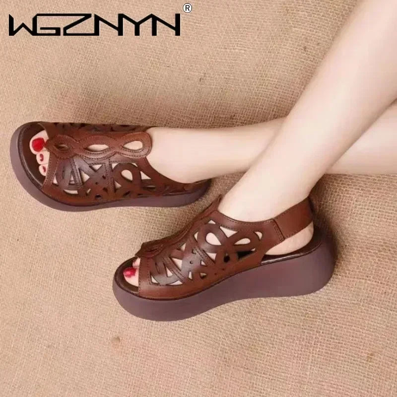 Designer Women Sandals Soft Leather Wedges Shoes for Women Summer Retro Sandals Luxury Casual Shoes Female Heels Wedge Sandalias