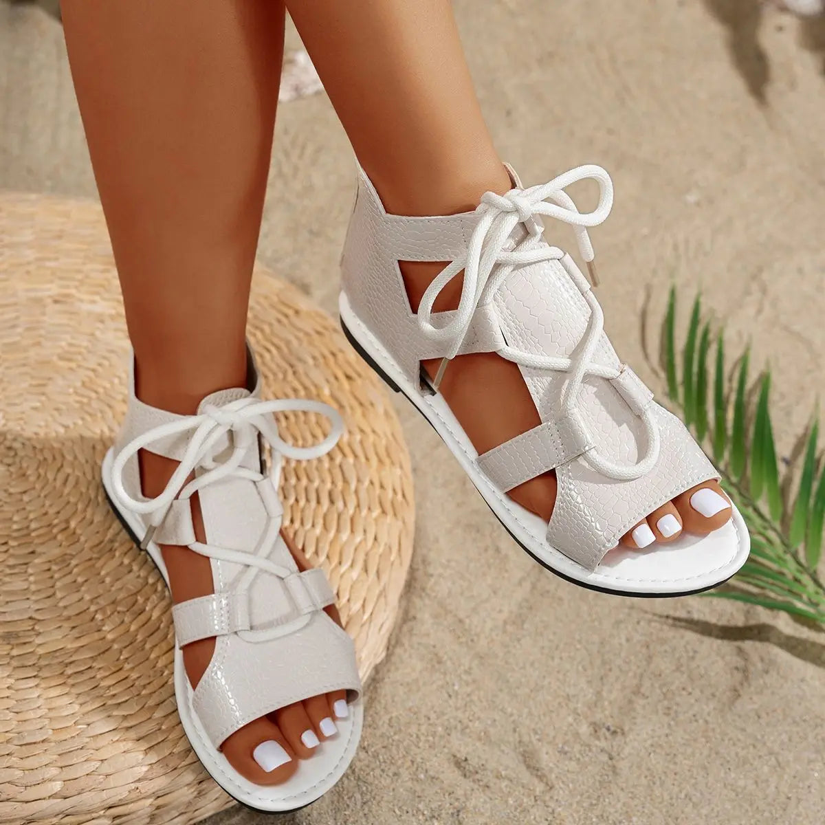 2026 Summer Women's Sandals Black White Non-slip Soft Leather Lace-up Designer Luxury Shoes Fashion Open-toe Sports Sandalias