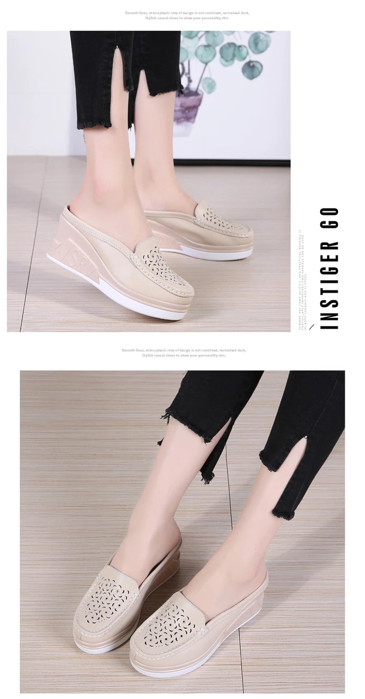 STRONGSHEN Women Slippers Casual Hollow Out Heel Wedge Thick Bottom Increase by 8cm Half Slippers Women's Non slip Fashion Shoes
