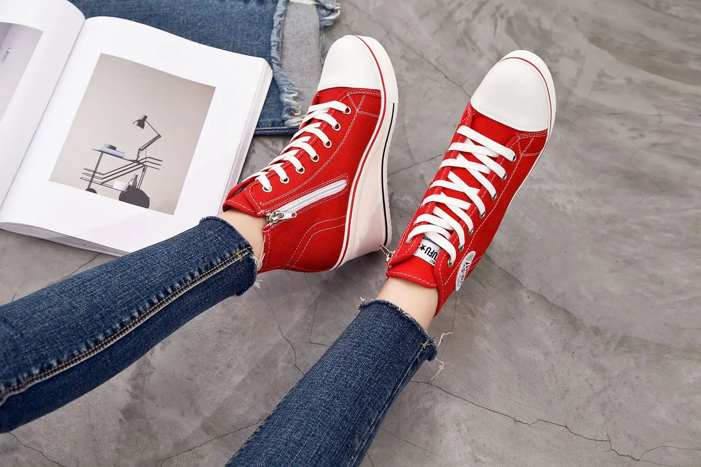 Wedge Heel Casual Shoes for Women New Canvas Shoes Side Zipper High Heel Lace Up Shoes Woman's Heightening Platform Sneakers