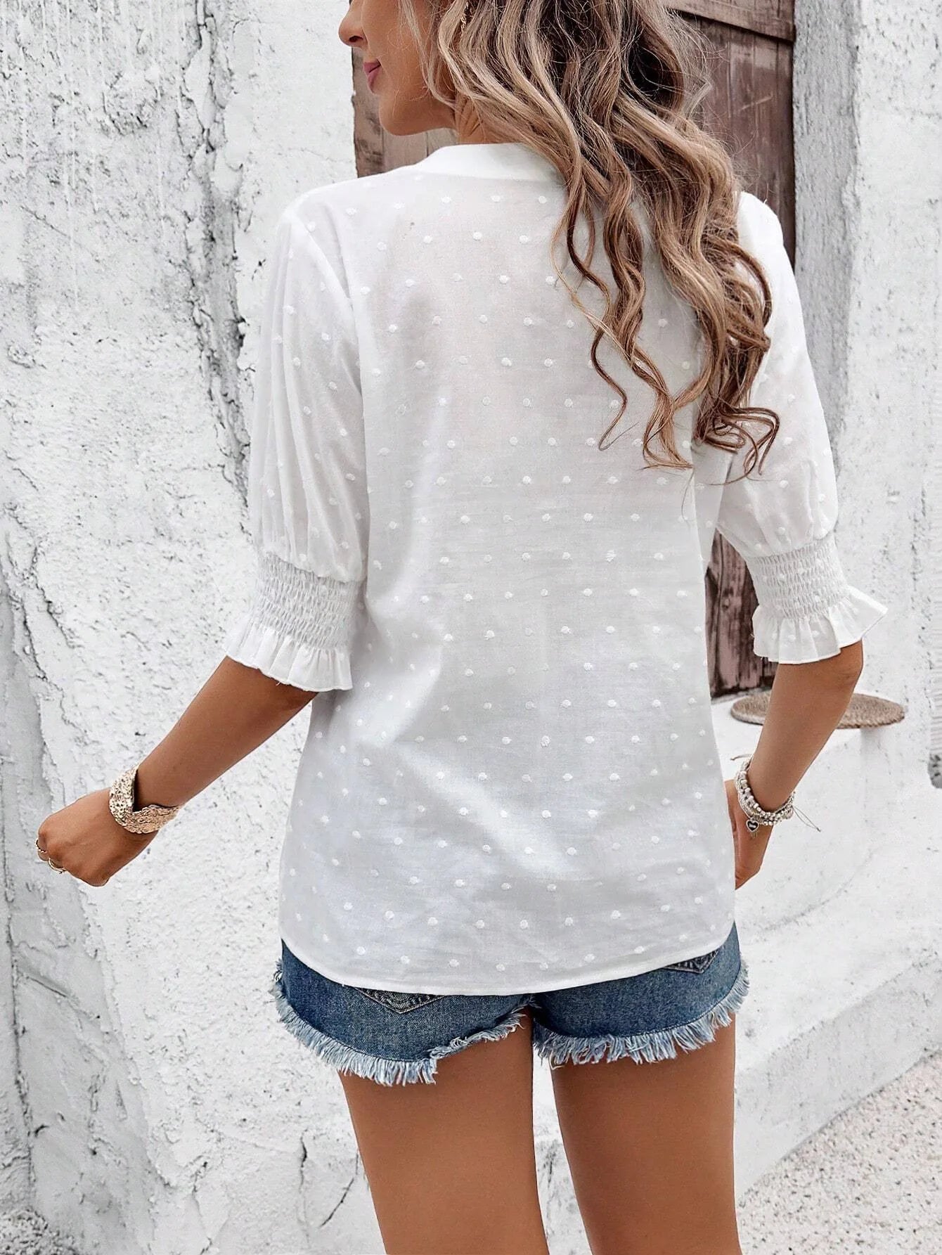 Women's Blouse Floral Embroidery Lace Summer Casual Solid Color Swiss Dot Eyelets V-neck Puff Shirred Half Sleeve T-shirt Tops