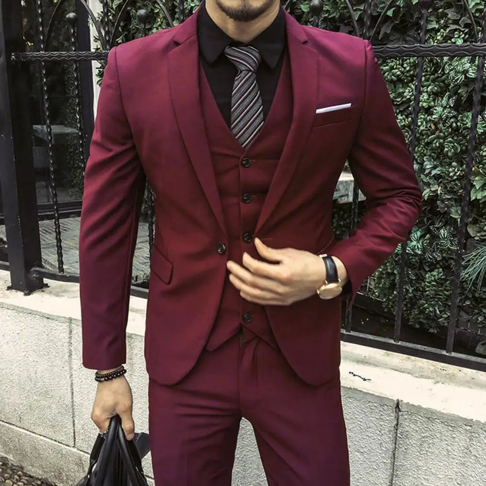 Men Three piece Suit Formal Business Suit Pants Set Solid Color Slim Fit Turn down Collar Anti wrinkle Groom Wedding Suit