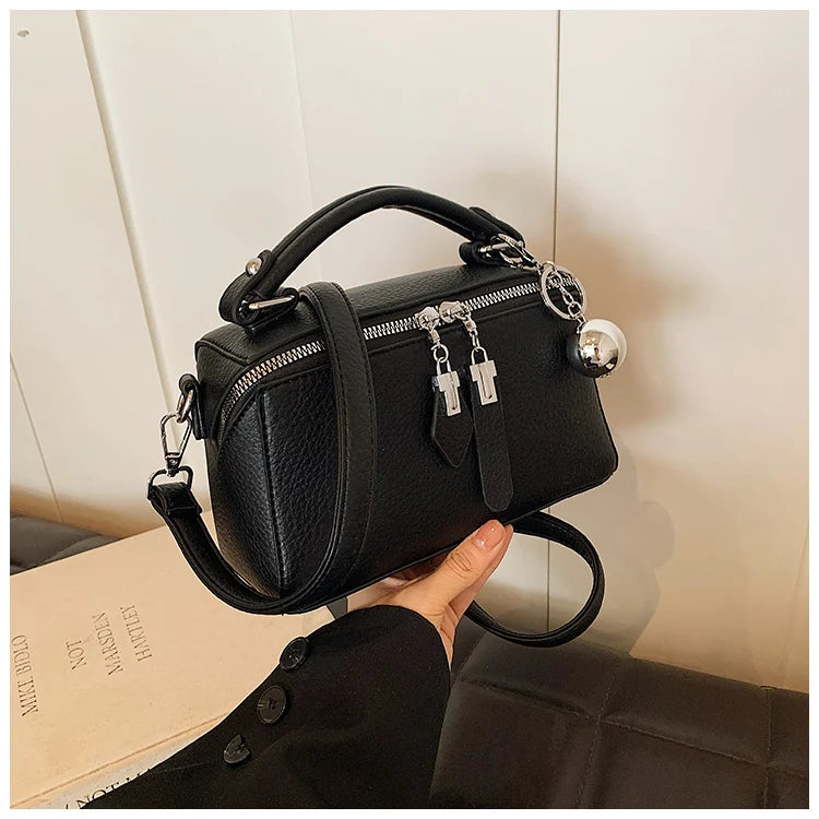 Classic Black Square Handbags for Women Autumn New Versatile Small Single Shoulder Crossbody Bags with Elegant Ball Pendant
