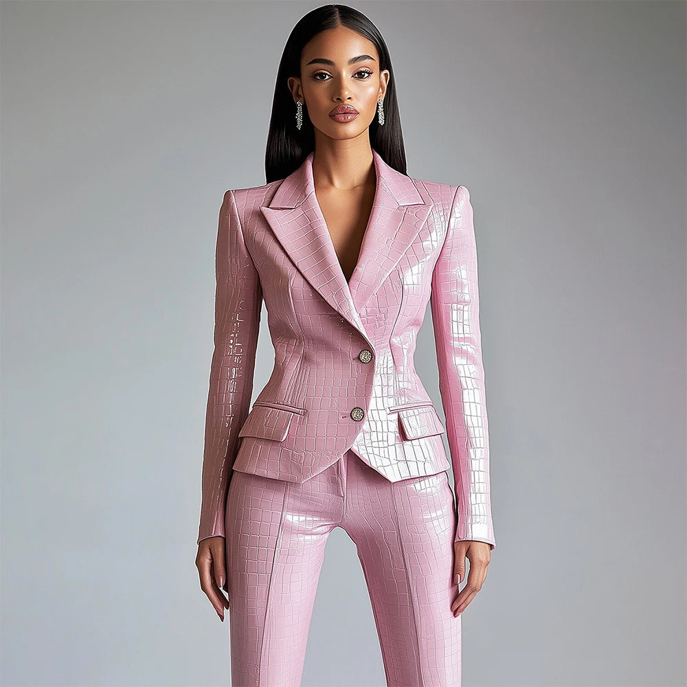 Women Luxurious Alligator Pattern Pu Leather Suit Blazer Pink Single-Breasted Lapel Long Sleeve Slim High Street Business Jacket