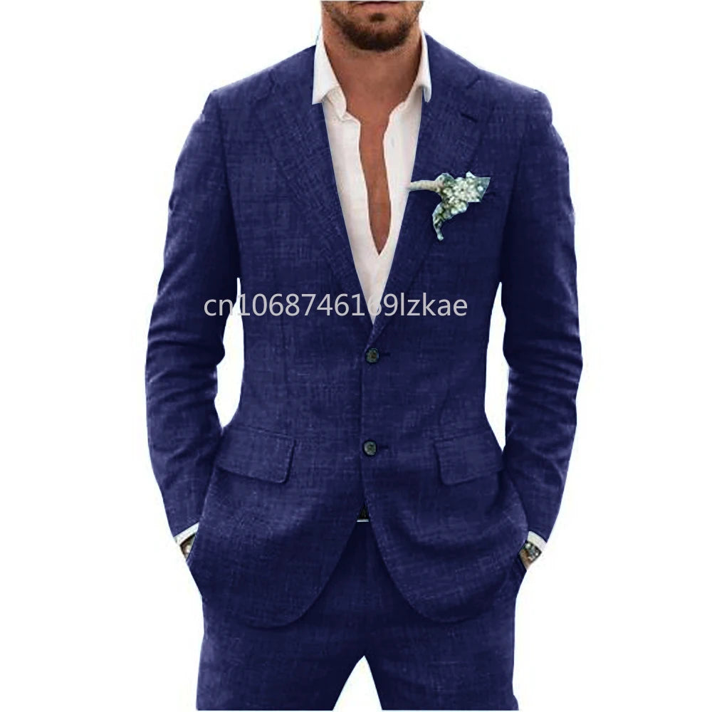 2024  Linen Suiting Fabric Full Men's Suit Lapel Collar Single-breasted 2 Piece Set Elegant Man Suits High Quality Blazer