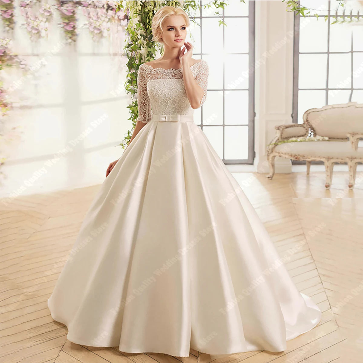 High Quality Round Neck Bride Dresses Classic Bright Satin Wedding Gowns New Graceful A-Line Wedding Vestido De Novia Customized