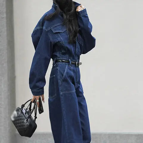 Jumpsuits Women Autumn Spring Fashion New Safari Style Loose Long Sleeve Denim Jumpsuits Office Lady