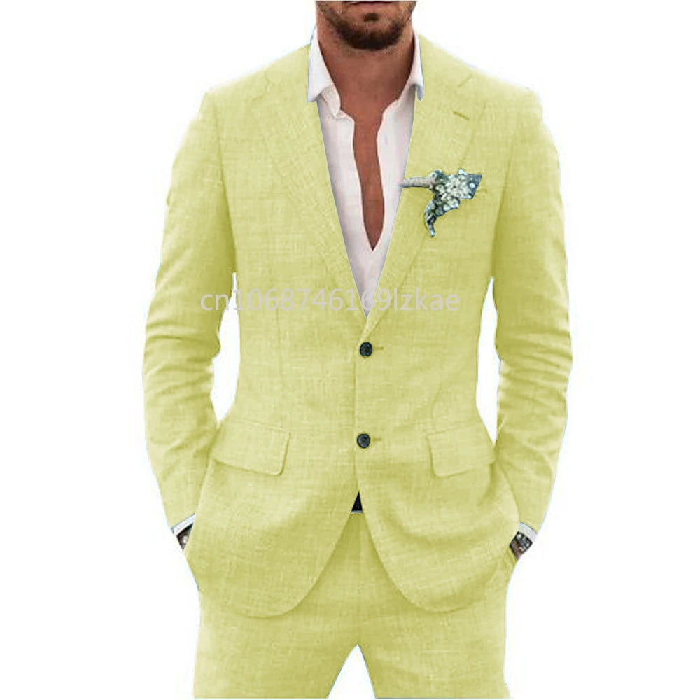 2024  Linen Suiting Fabric Full Men's Suit Lapel Collar Single-breasted 2 Piece Set Elegant Man Suits High Quality Blazer