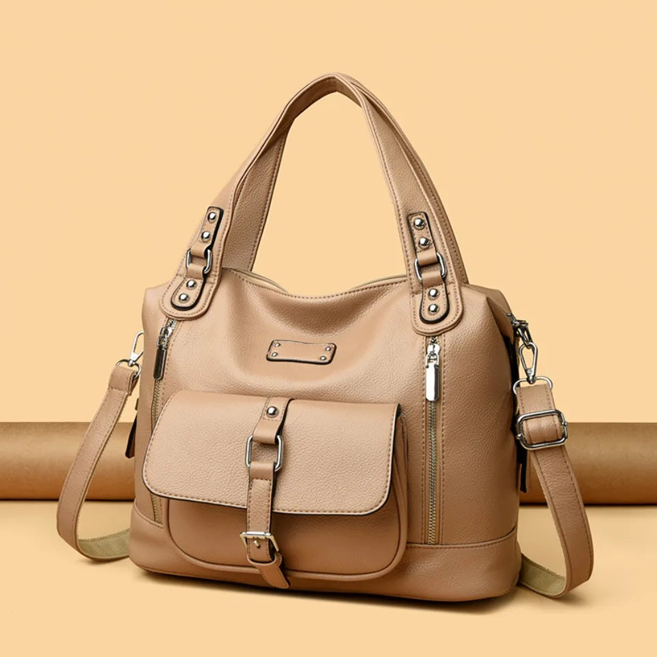 Women's Casual Tote Soft Leather Handbag Luxury Designer Shoulder Crossbody Hand Bag Ladies Shopping Sac Front Double Zipper