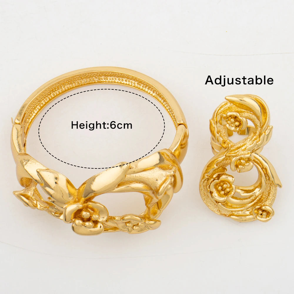 4Set Luxury Bangle Ring For Women Dubai Gold Color Bracelet France Jewelry Set Arabic African Adjustable Ring Party Wedding Gift