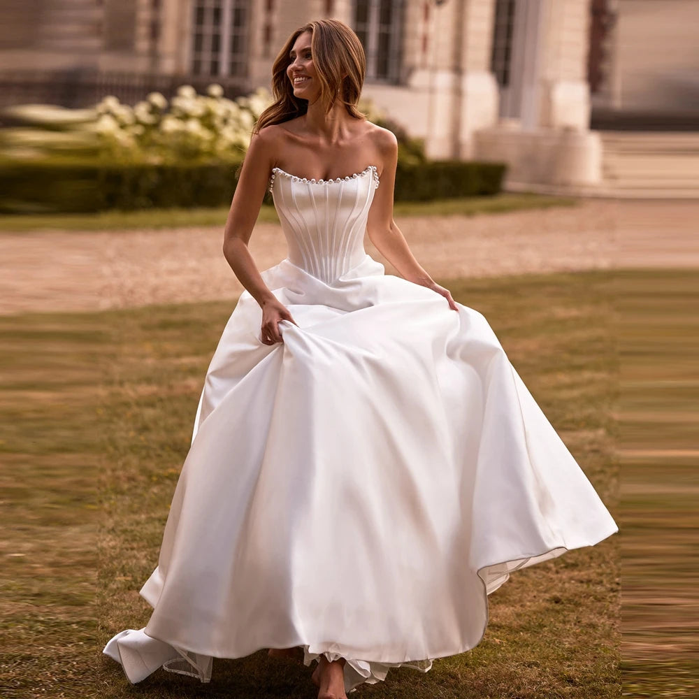 High Quality Satin Strapless A-Line Wedding Dress with Pearl Puffy Taffeta Long Bridal Gown Plus Size Ball Gown Wedding Dress ﻿