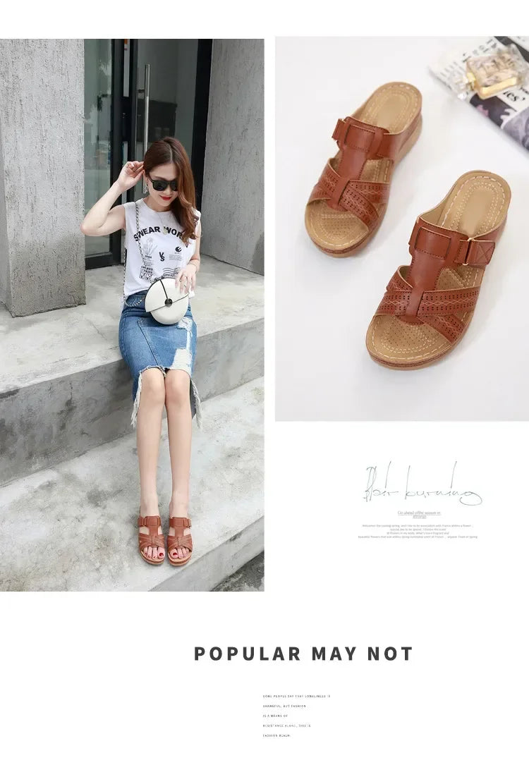 2024 Summer Women Wedge Sandals Premium Orthopedic Open Toe Sandals Vintage Anti-slip Leather Casual Female Platform Retro Shoes
