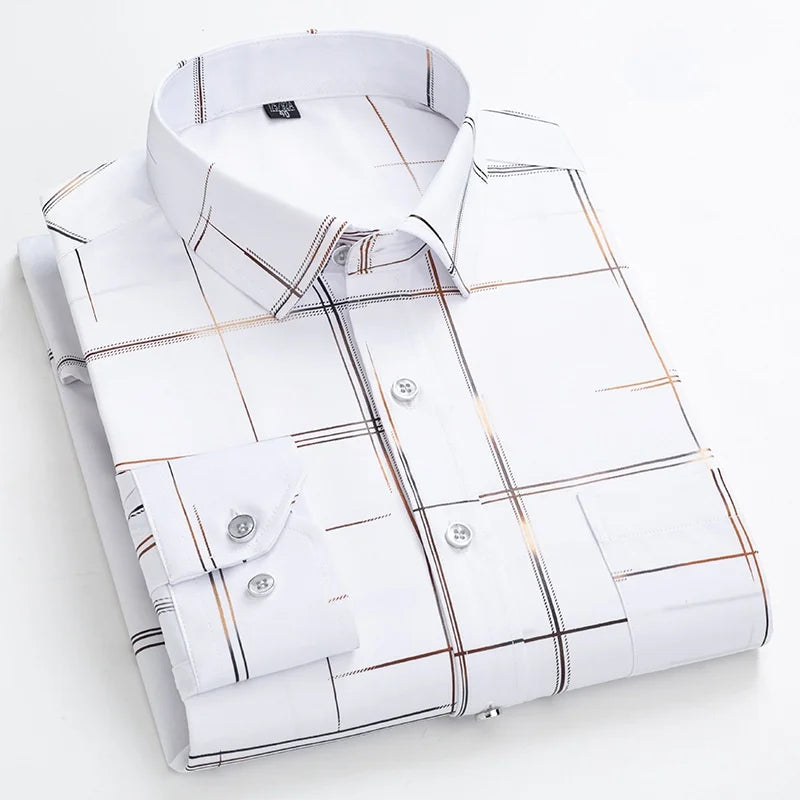 Men's Dress Shirts Spring Autumn Latest Hot Sale Non-iron Anti-wrinkle Business Casual Print Thin Plaid Slim Fit chemise homme