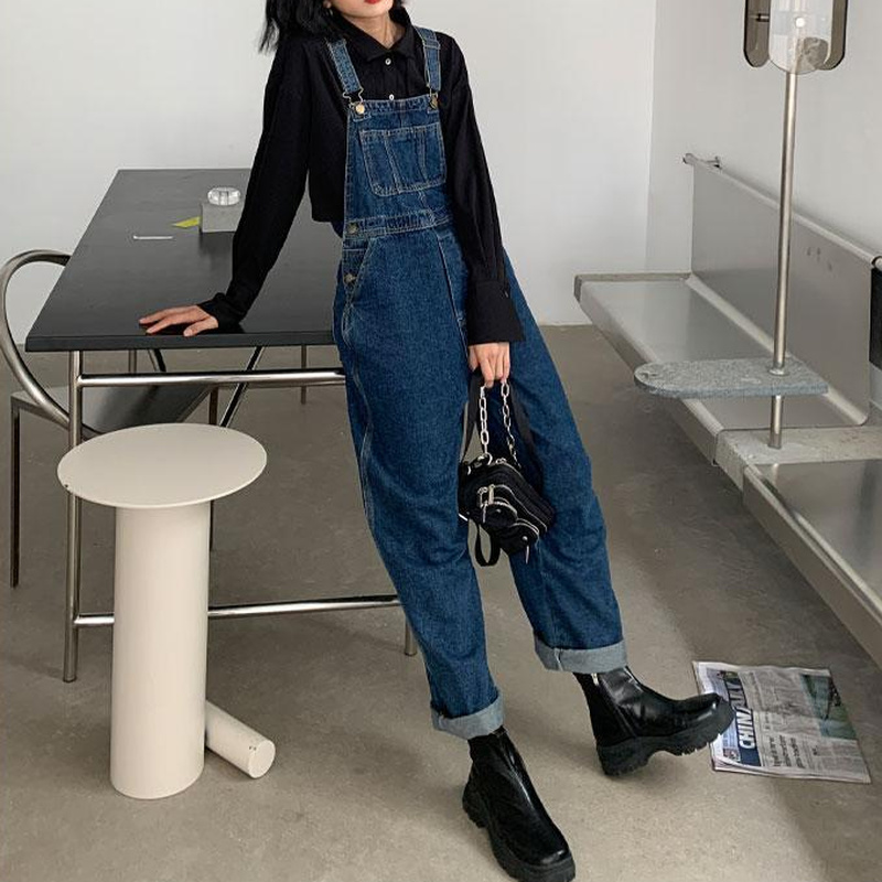 Jumpsuits Women Dark Blue Vintage Streetwear Harajuku Casual Fashion High Waist Loose Overalls Ulzzang Denim Suspenders Trousers