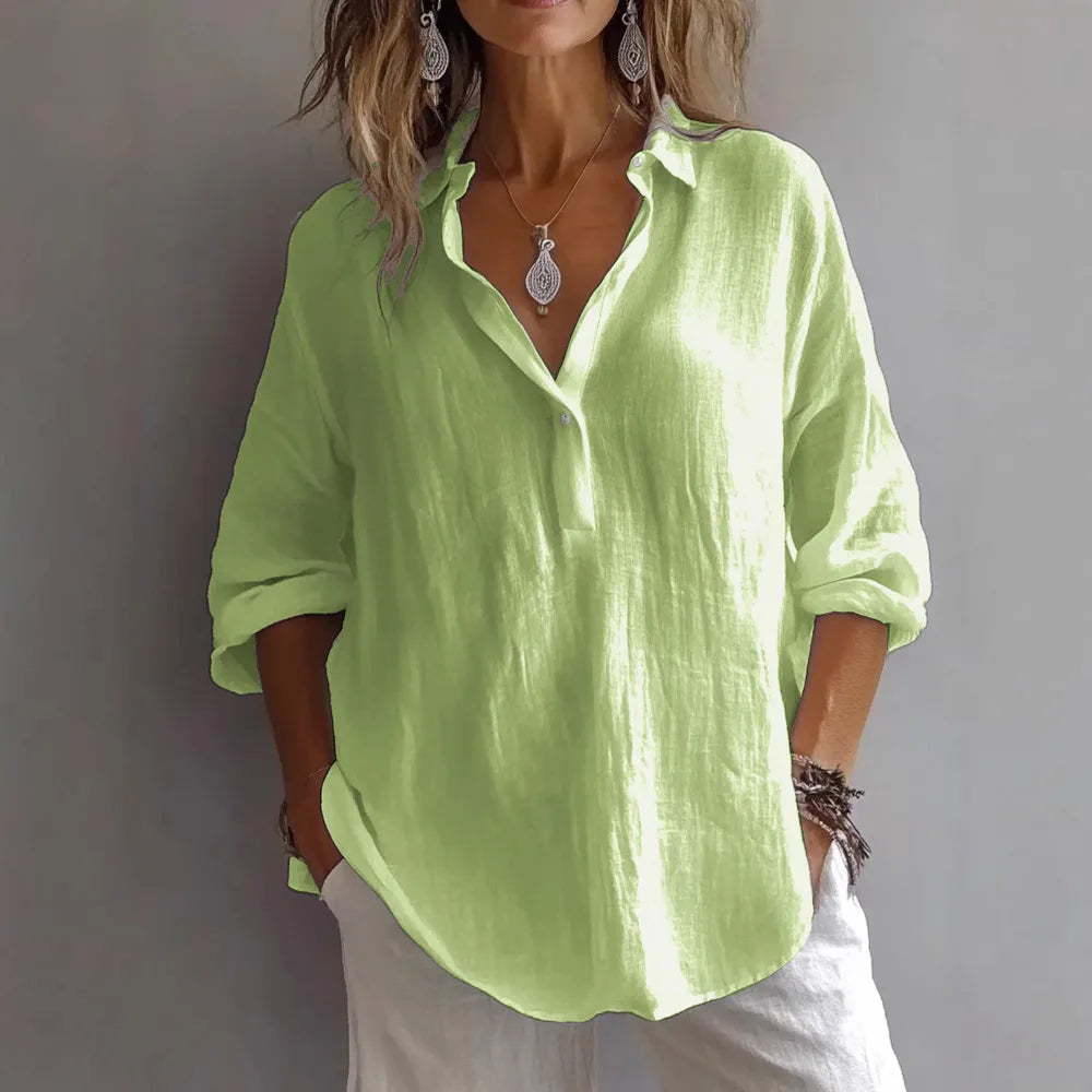 Women Cotton Linen Blouse Long Sleeve Turn Down Collar Solid Color Casual Loose Shirt Summer Breathable Office Lady Tops