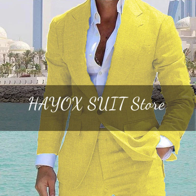 Men's Suit 2 Piece Set Linen Lapel Slim Fit Single Button Casual Comfortable Suit Formal Groom Best Man Dress Elegant and Stylis