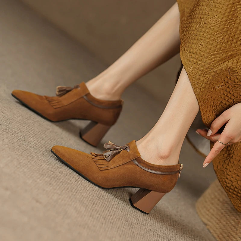 2025 Spring Women Shoes Pointed Toe Chunky Heel Women Pumps Sheep Suede High Heels Belt Buckle Shoes for Women zapatos de mujer