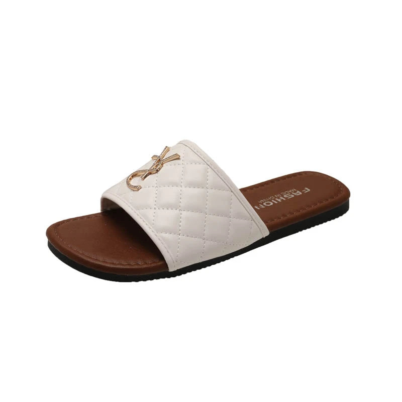 New Women's Sandals Recreational Design Summer Flat Slippers Fashion Outdoor Non-slip Metal Decorative Slippers Zapatos De Mujer