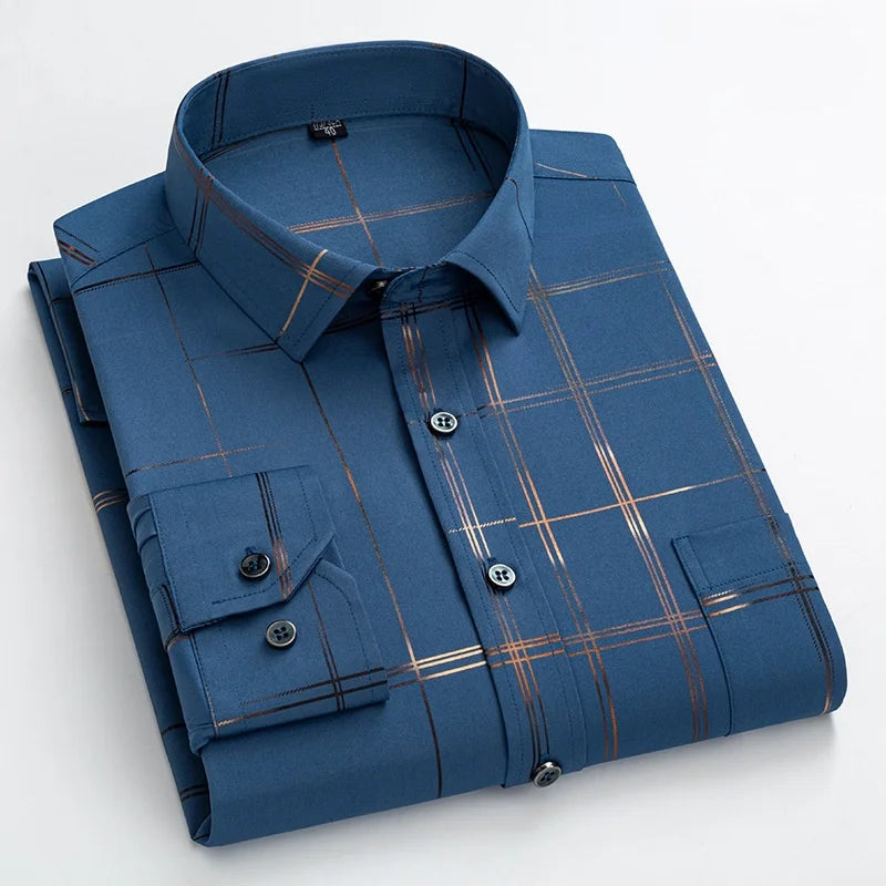 Men's Dress Shirts Spring Autumn Latest Hot Sale Non-iron Anti-wrinkle Business Casual Print Thin Plaid Slim Fit chemise homme