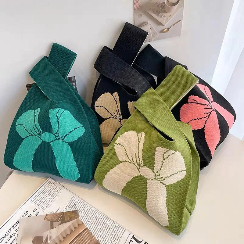 Women'S Knot Wrist Tote Bags Handmade Knitted Bag Portable Mini Striped Bucket Phone Bags Large Capacity Spring Summer Handbags