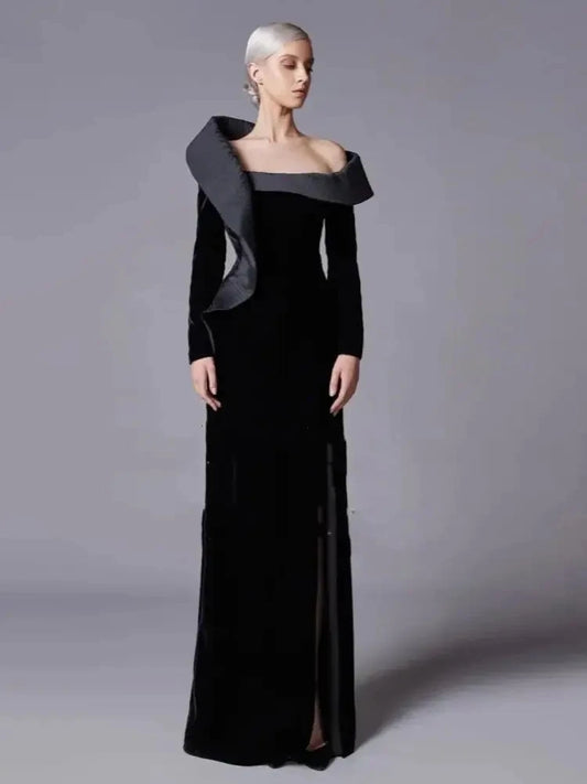 Elegant Black Velour Evening Dresses Full Sleeves Mermaid Side Slit Floor Length Porm Party Gowns For Women فساتين سهره سعوديه