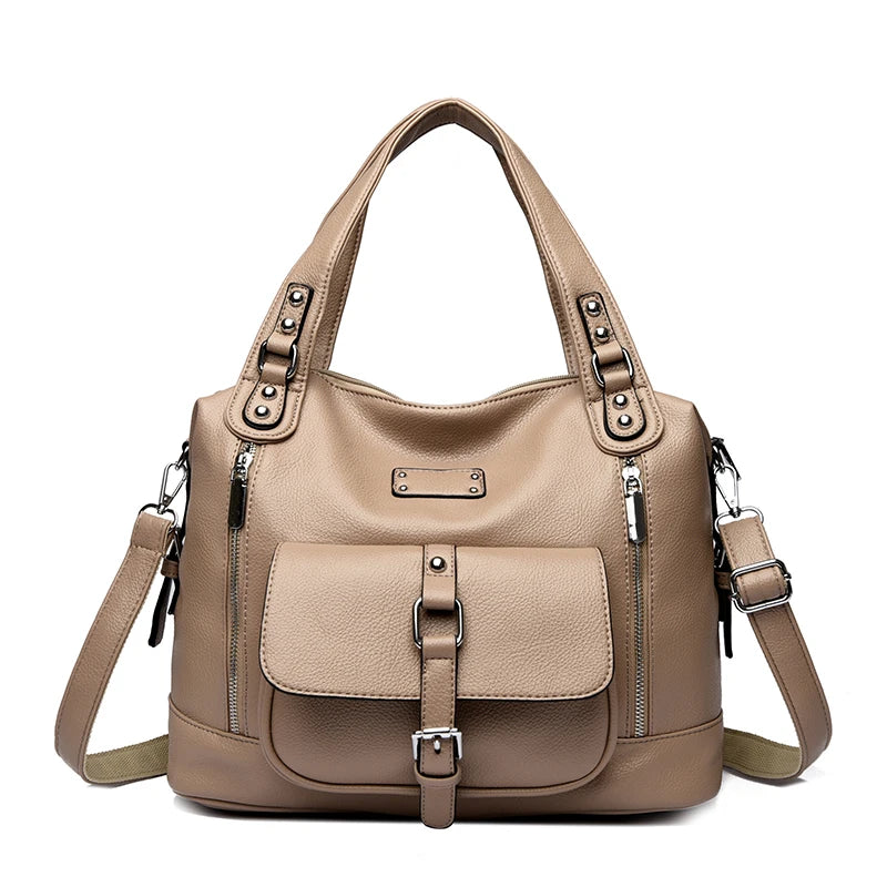 Women's Casual Tote Soft Leather Handbag Luxury Designer Shoulder Crossbody Hand Bag Ladies Shopping Sac Front Double Zipper