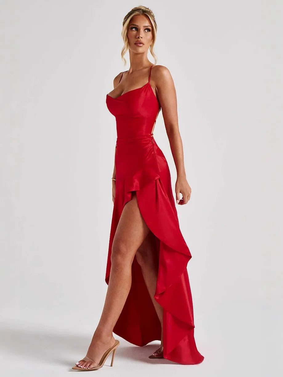 Tesco Red Sexy Evening Dresses Spaghetti Straps Asymmetrical Ruffle Prom Dresses Smooth Satin Women Summer Long Dresses