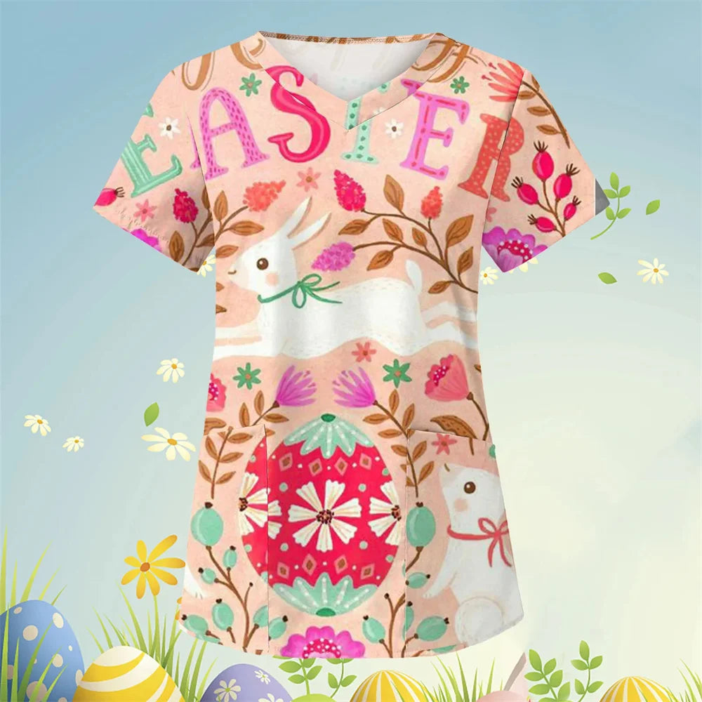 Scrubs Medical Uniforms Cute Cartoon Bunny Print High Quality Medical Uniforms for Women Short Sleeve Dental Medical Uniforms