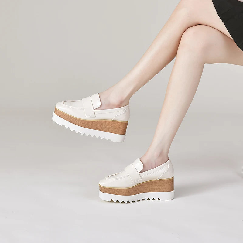 8cm Heeled Platform Wedges Shoes Womens High Heels Casual Lazy Shoes Square Toe Wedge Creepers Pumps Damen Black