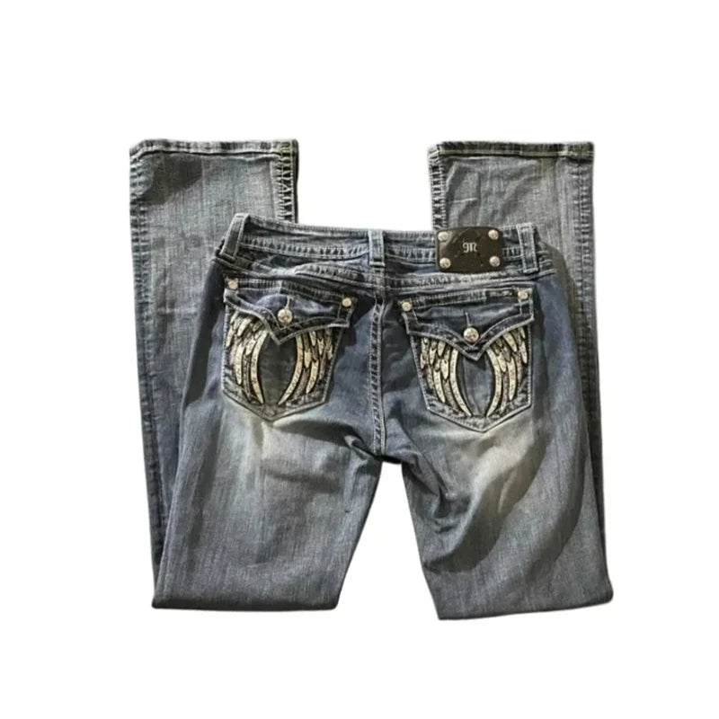 90s Vintage Jeans Female Y2K New Blue Jeans Embroidered Wing Pocket Hip Hop Harajuku Gothic Wide Pants Streetwear Woman Trousers