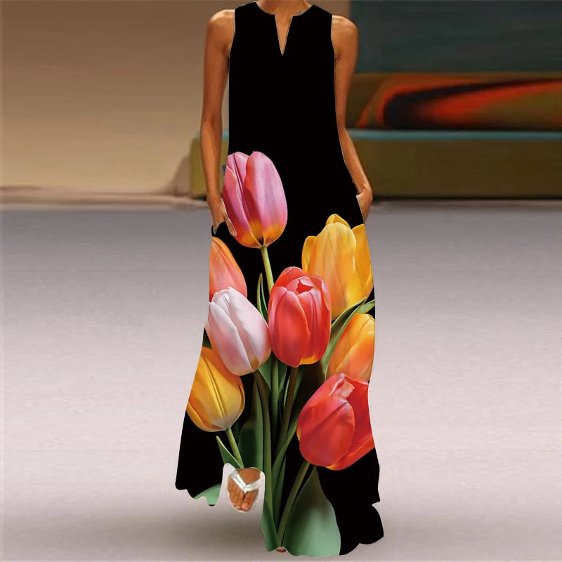 Elegant Dresses for Woman 3D Printed Dresses Summer Sleeveless V-Neck Long Dress Ladies Casual Elegant Beach Party Maxi Dresses