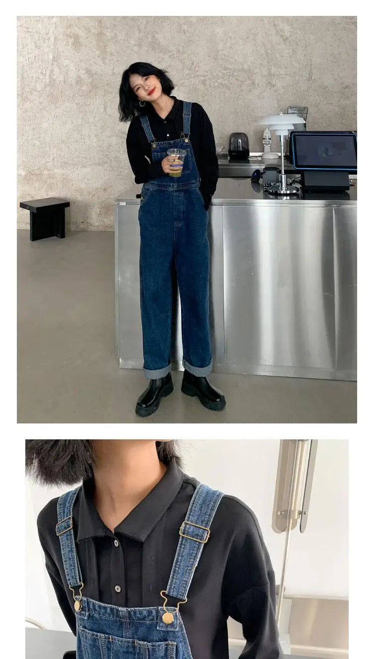 Jumpsuits Women Dark Blue Vintage Streetwear Harajuku Casual Fashion High Waist Loose Overalls Ulzzang Denim Suspenders Trousers