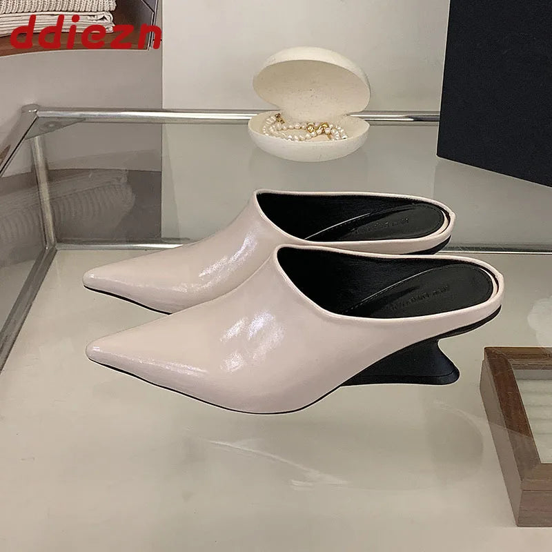 New Women Mules Wedges Shoes Female Pumps Slippers Fashion Pointed Toe Ladies Heeled Slides Slippers Sandals Wedges Shoes