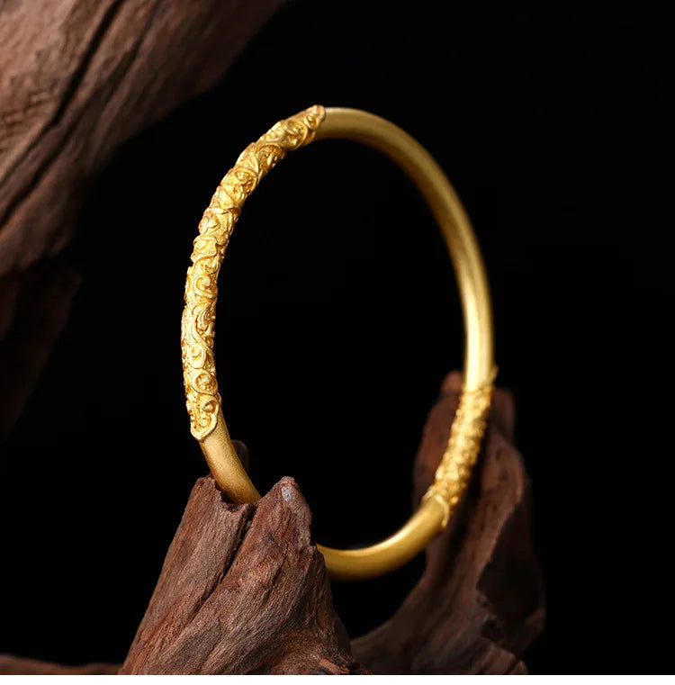Retro Chinese Gold-plated Brass Bangle for Women Ancient Hand Craving Traditional Auspicious Patterns Luxury Jewelry Couple Gift
