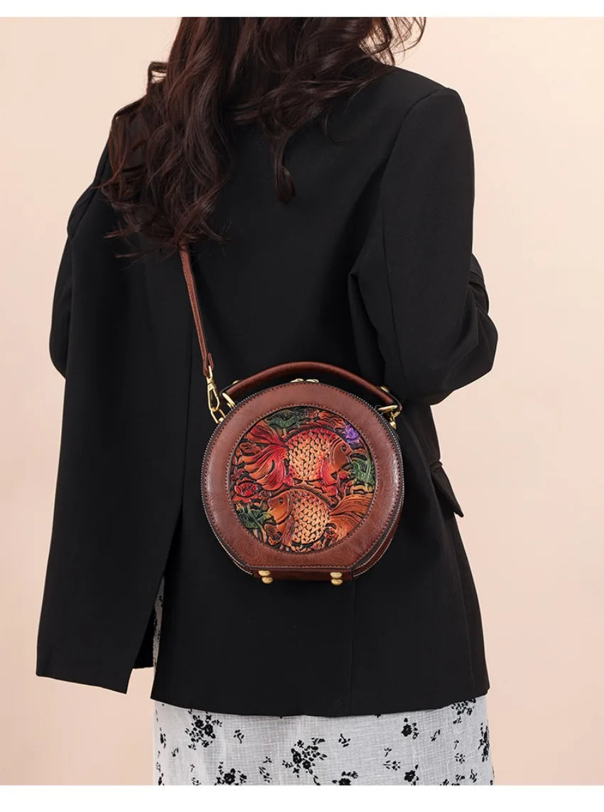 Vintage Handbag Women Shoulder Bag Luxurious Designer Round Bag High-quality Gift Embossed Printed Crossbody Purse for New Women