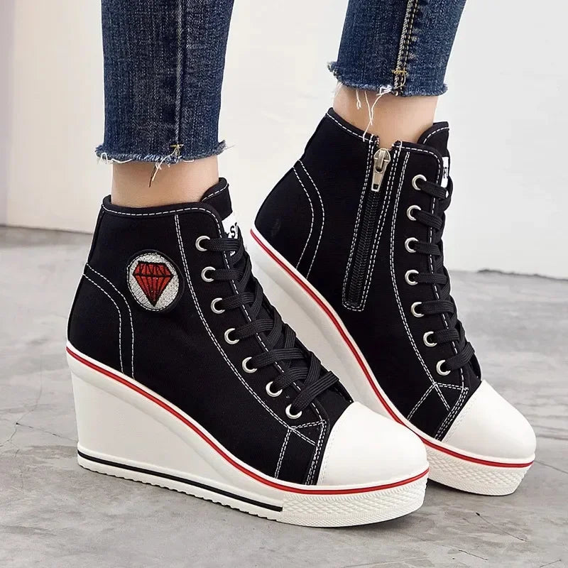 Wedge Heel Casual Shoes for Women New Canvas Shoes Side Zipper High Heel Lace Up Shoes Woman's Heightening Platform Sneakers