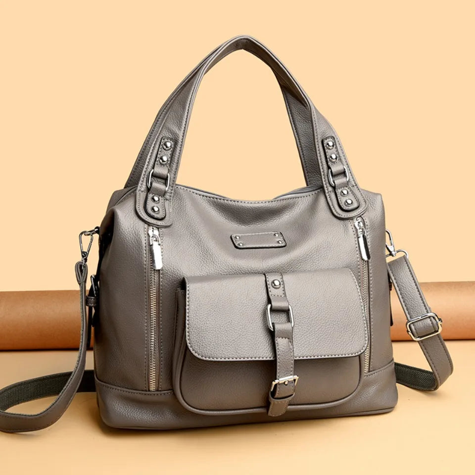 Women's Casual Tote Soft Leather Handbag Luxury Designer Shoulder Crossbody Hand Bag Ladies Shopping Sac Front Double Zipper