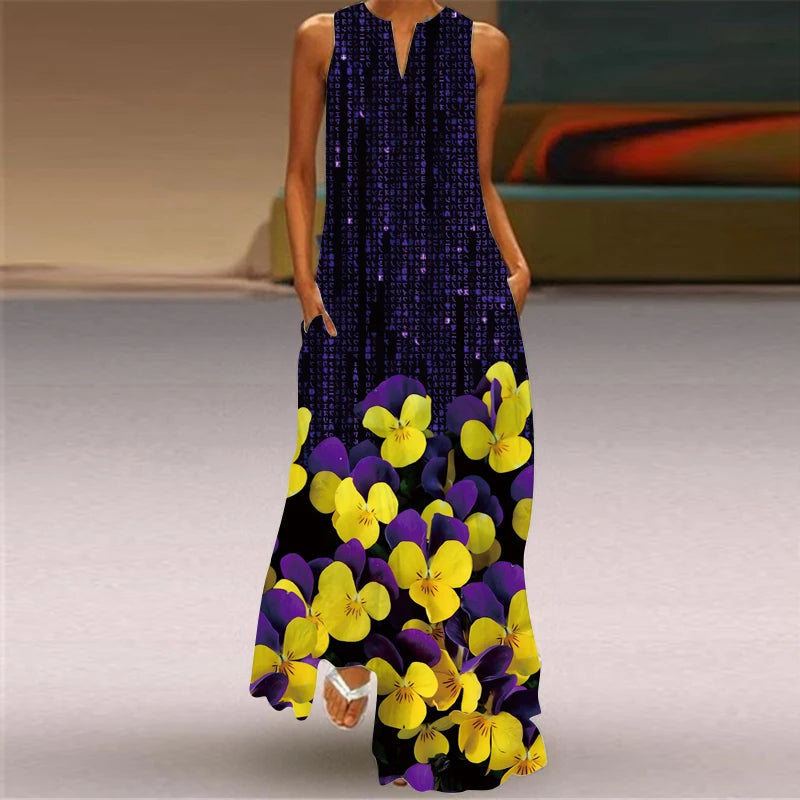 Elegant Dresses for Woman 3D Printed Dresses Summer Sleeveless V-Neck Long Dress Ladies Casual Elegant Beach Party Maxi Dresses