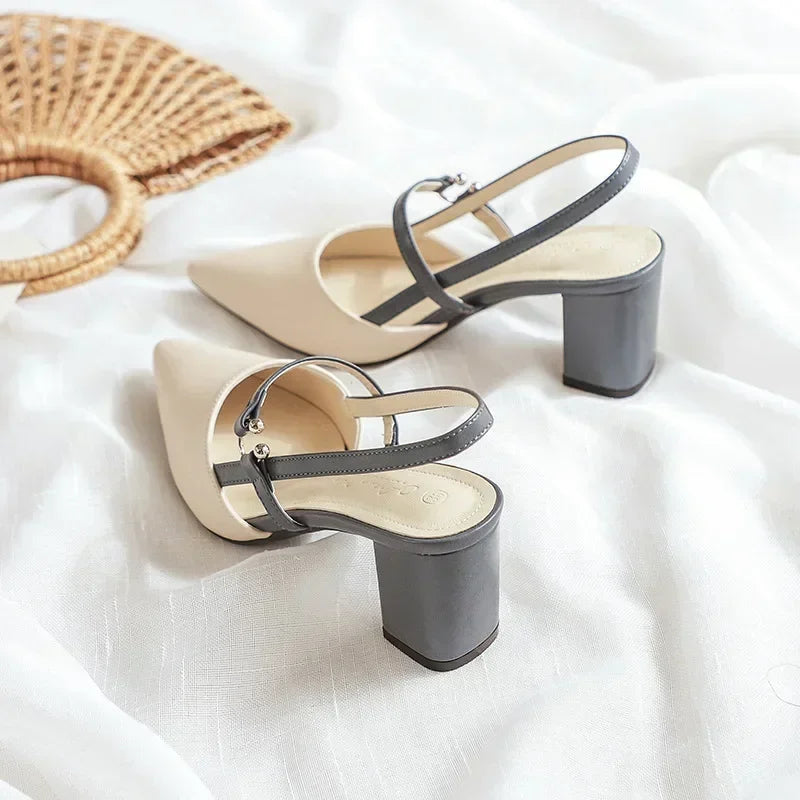 Shoes for Pumps Summer Elegant Chunky High Heels Pointed Toe Baotou Solid Ladies Shoes  Female Sandals Zapatillas Mujer 2024